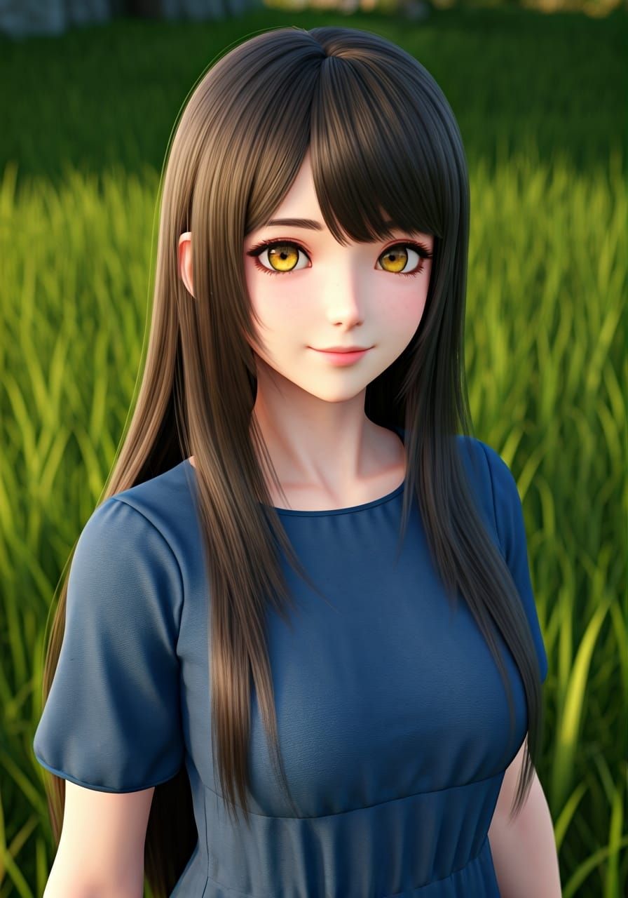 Anime Girl in Field: 3D Art Style