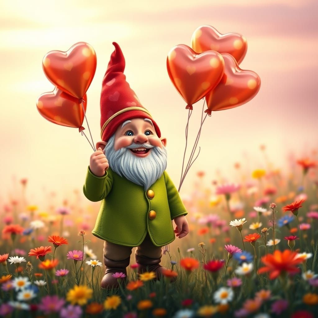 A joyful little gnome wearing a red heart-patterned hat, hol...