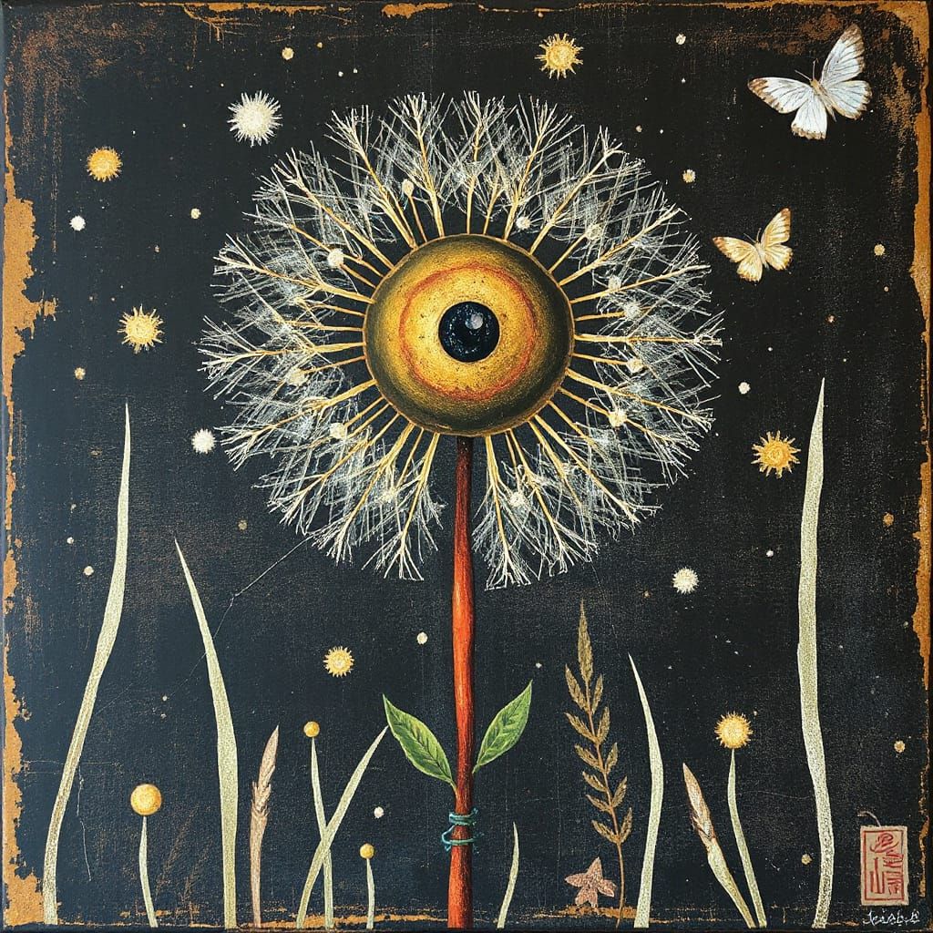 Dandelion in Primitivism Style with Scratchboard Effect