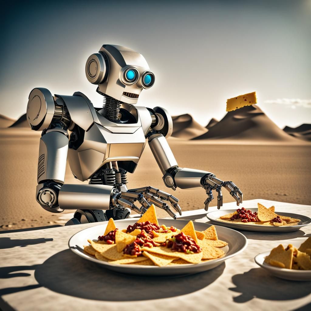 Surreal Robot Eats Nachos in the Desert