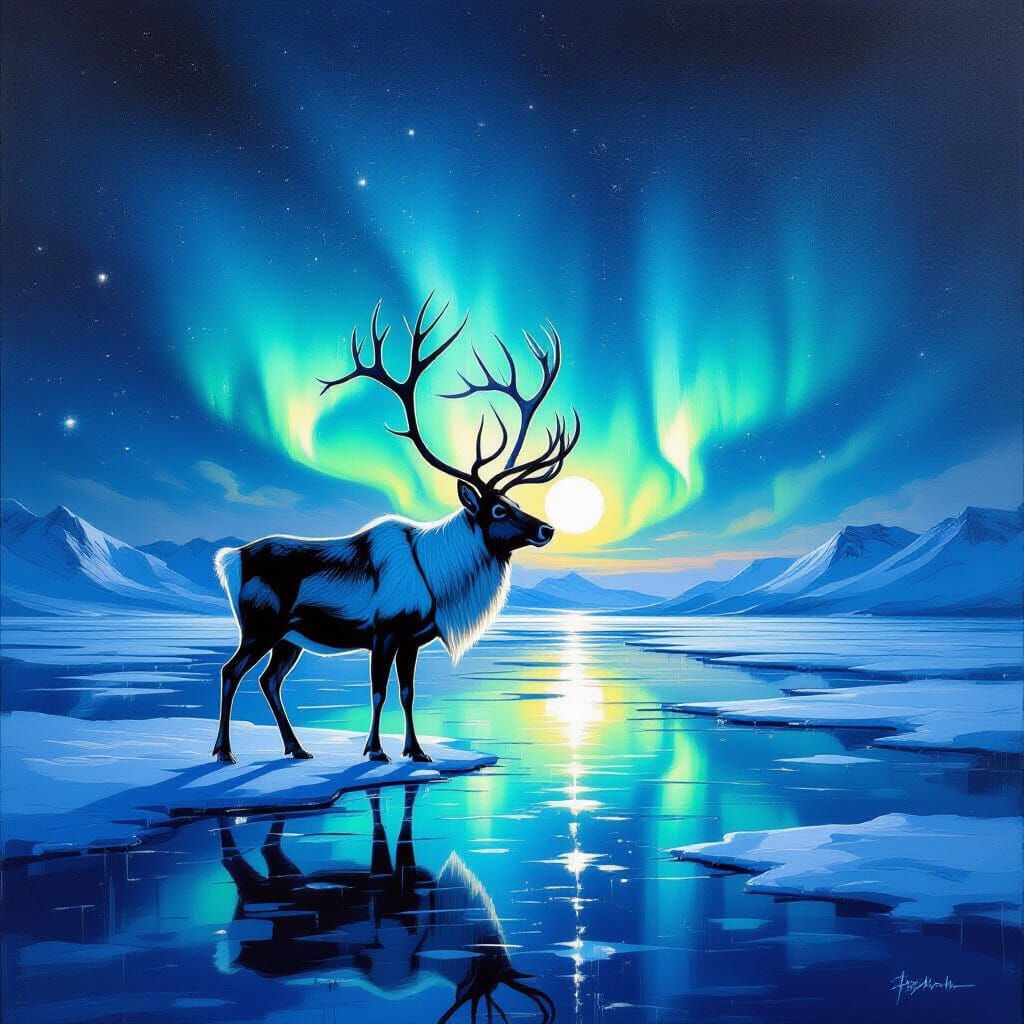 Reindeer with Aurora Antlers on Frozen Sea