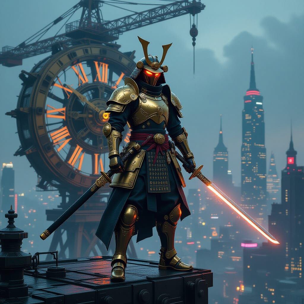 Steampunk Samurai Over Cyberpunk City, Gritty Mechanic Style