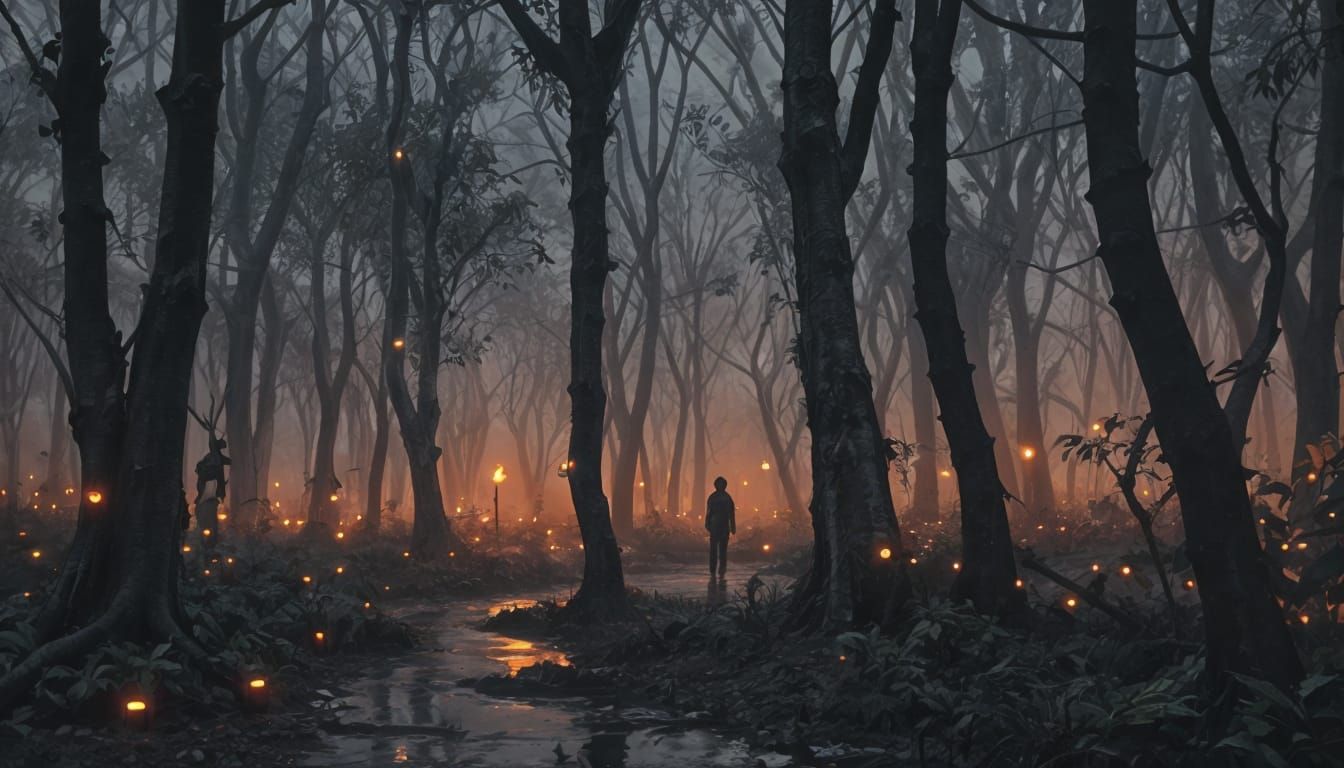 Shadowy Figures in Twilight Grove: Digital Acrylic Art