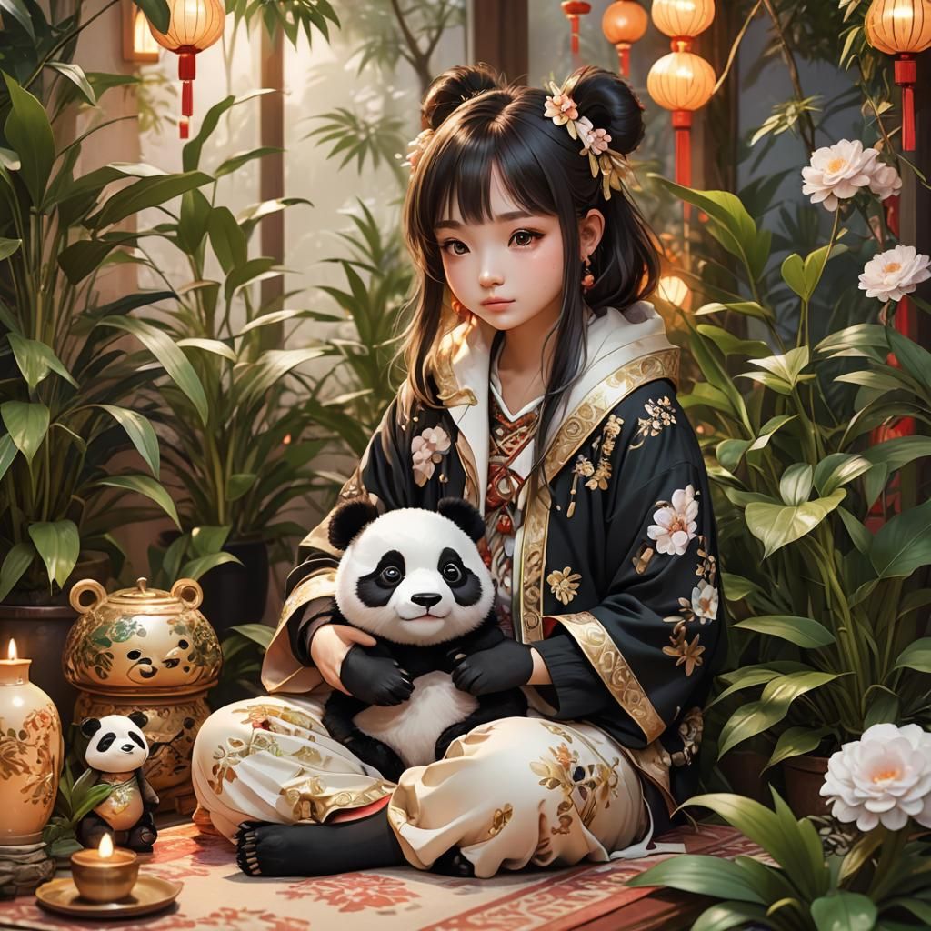 Anime Girl with Panda Pet in Chinese Garden