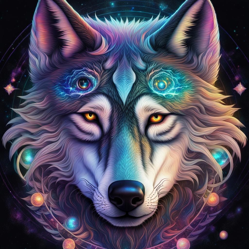 Cosmic Wolf Head Holographic Illustration