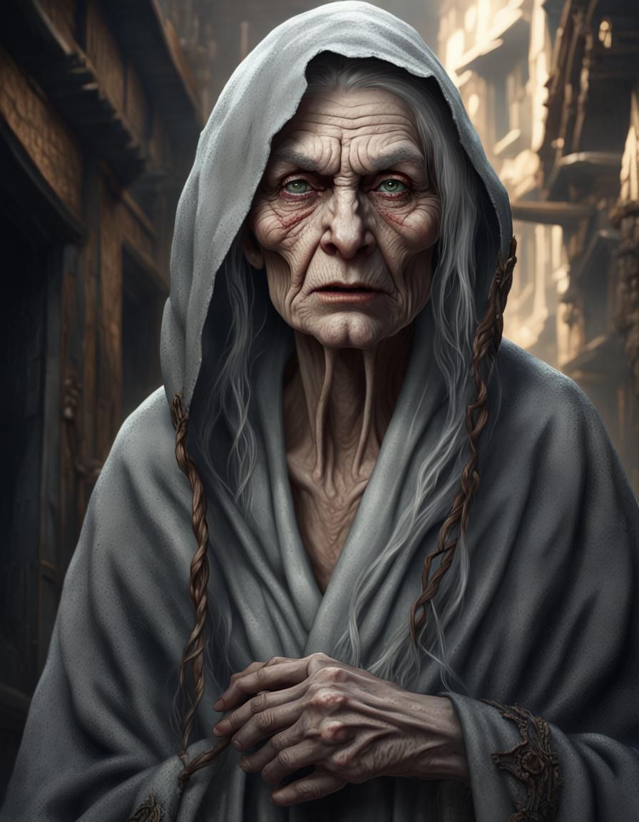 Fantasy Portrait of Old Hag in Alleyway