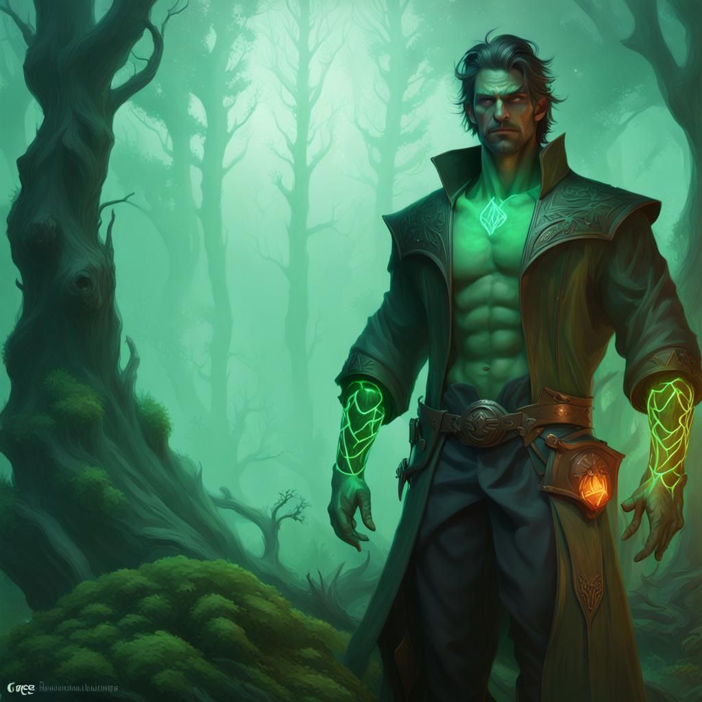 Handsome Warlock in Bioluminescent Forest, Hyperdetailed Por...
