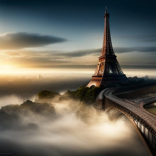 Eiffel Tower in Mist: Dramatic Digital Painting