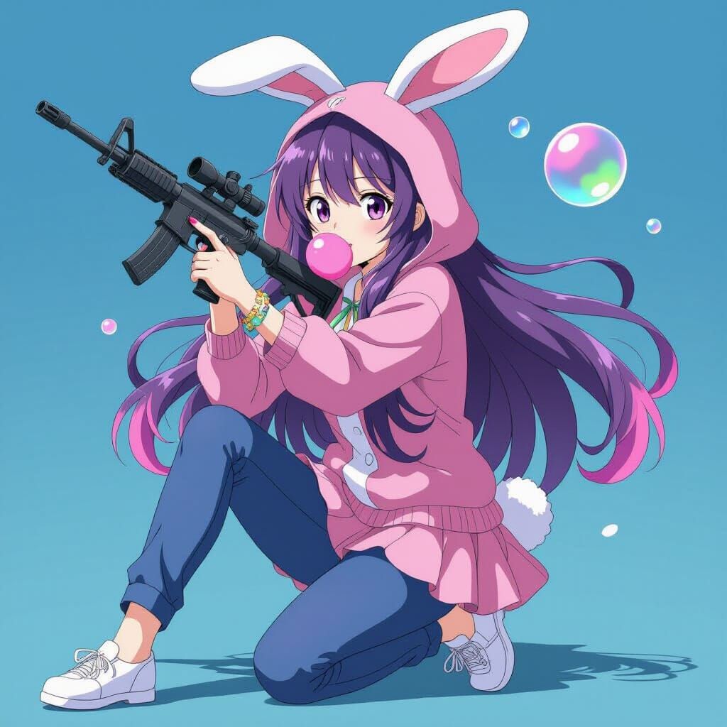 Anime Girl with Gun in Studio Ghibli Style