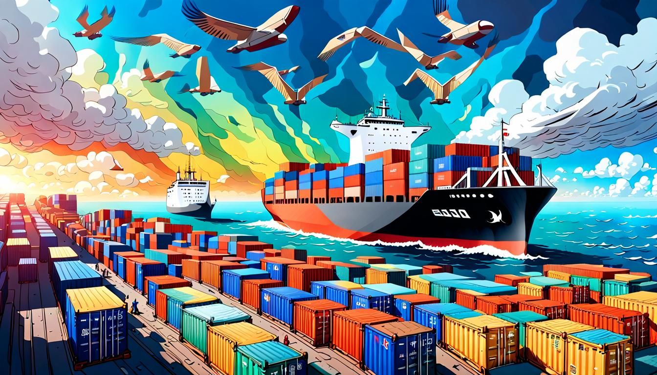 Global Trade Cargo Ship: Hokusai-Inspired Digital Art