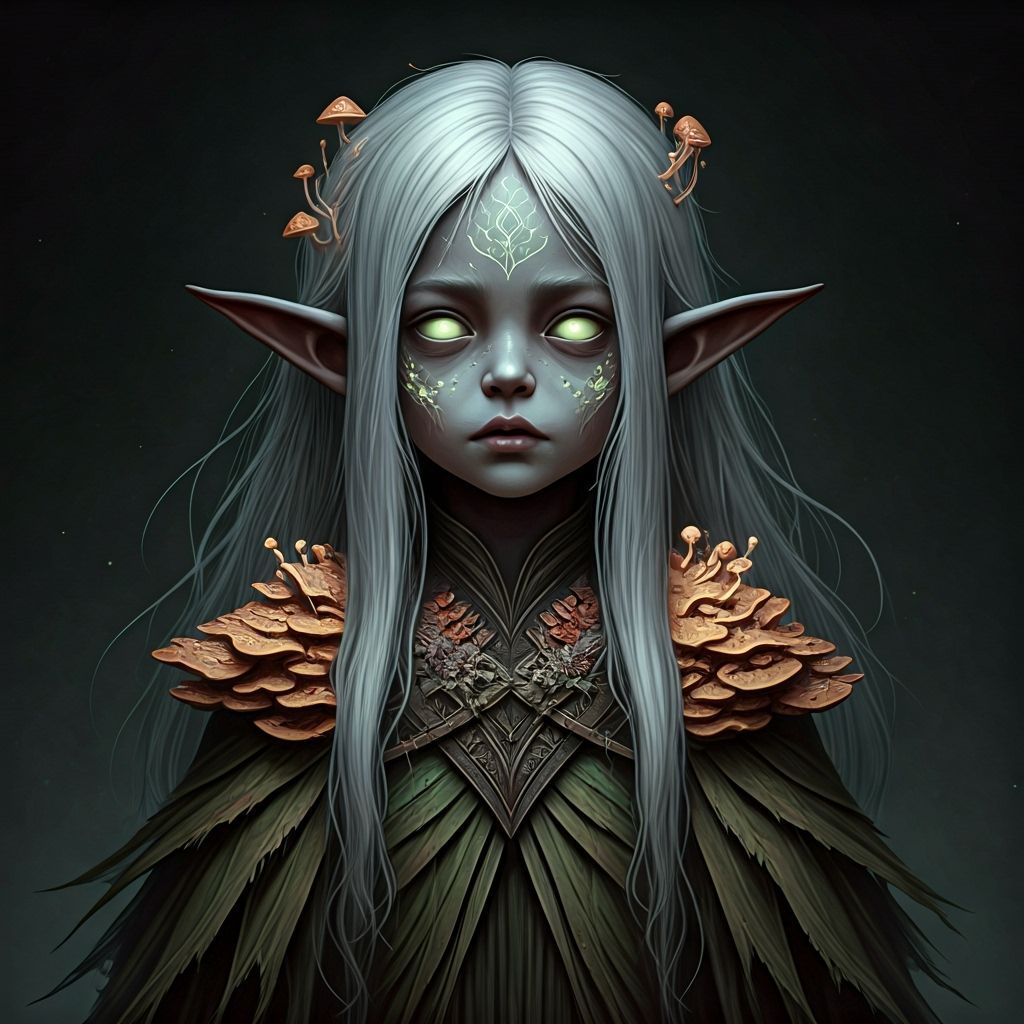 Undead Dark Elf Child Adorned with Glowing Mycelium