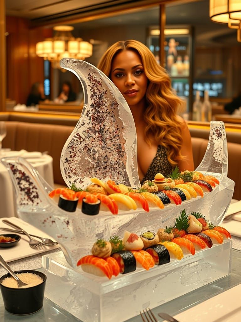 Beyoncé at Japanese Restaurant with Sushi Ice Sculpture