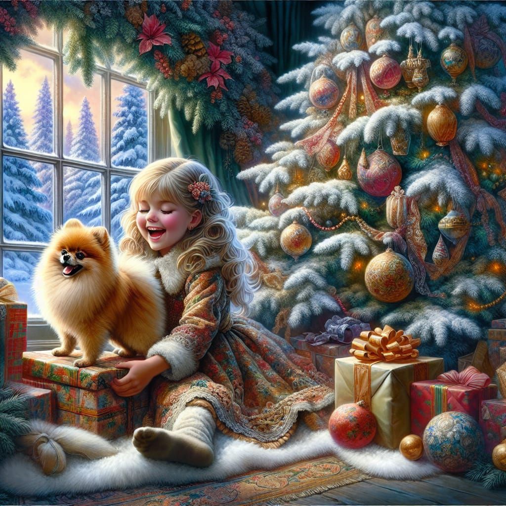 Cheerful Christmas Morning with a Fluffy Pomeranian and Wint...