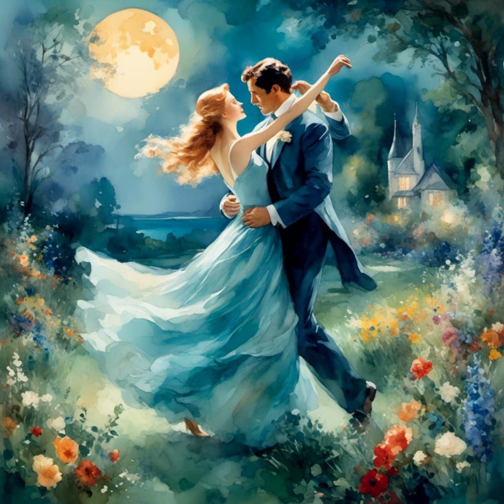 Romantic Dance Under Moonlight, in Impressionist Style