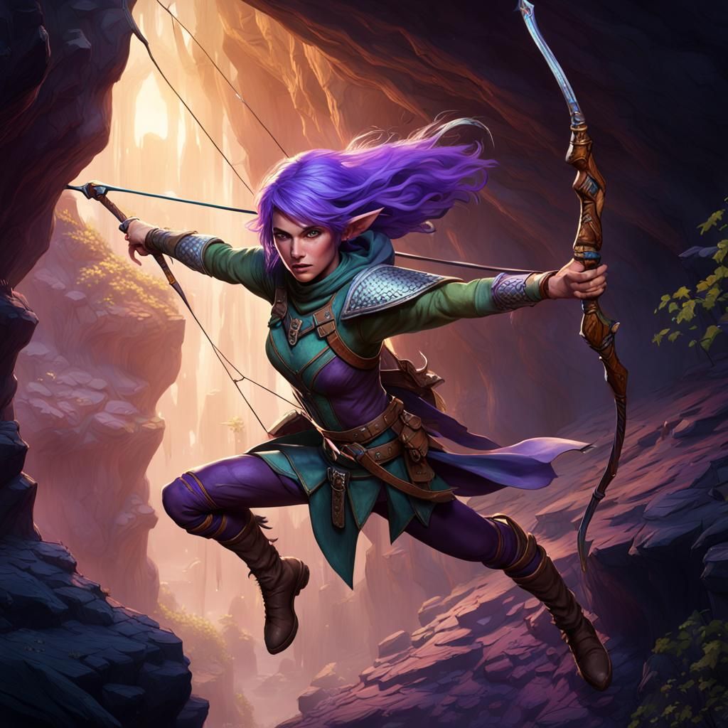 Wood Elf Ranger Leaping Over Chasm, Fantasy Art