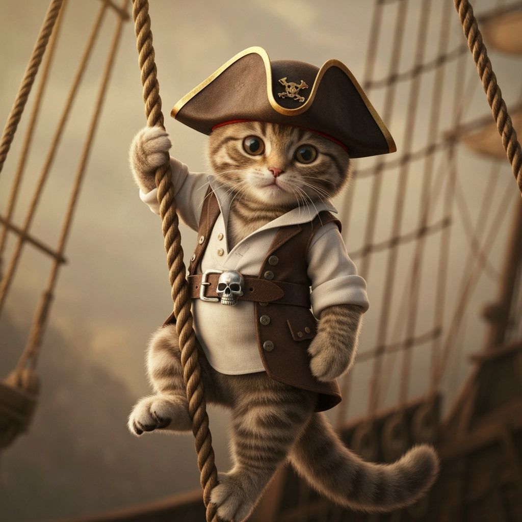 Pirate Kitten Climbing Ship Rope