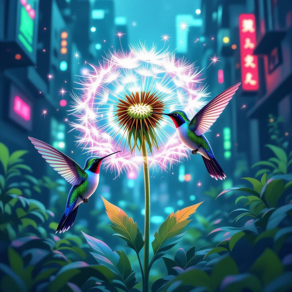 Hummingbirds Tend Giant Dandelion in Cyberpunk City