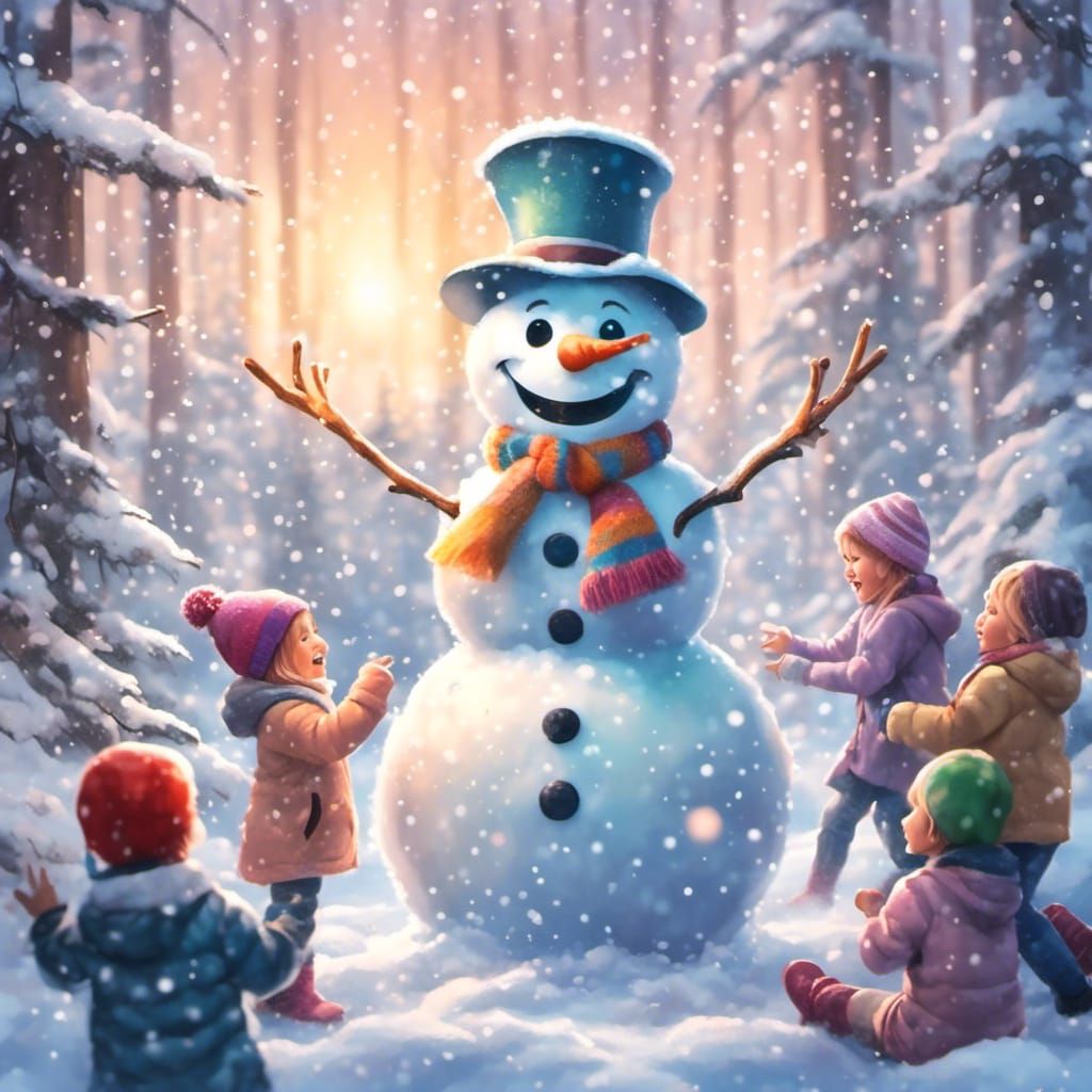 Snowman's Joyful Playtime in Disney Watercolor Style