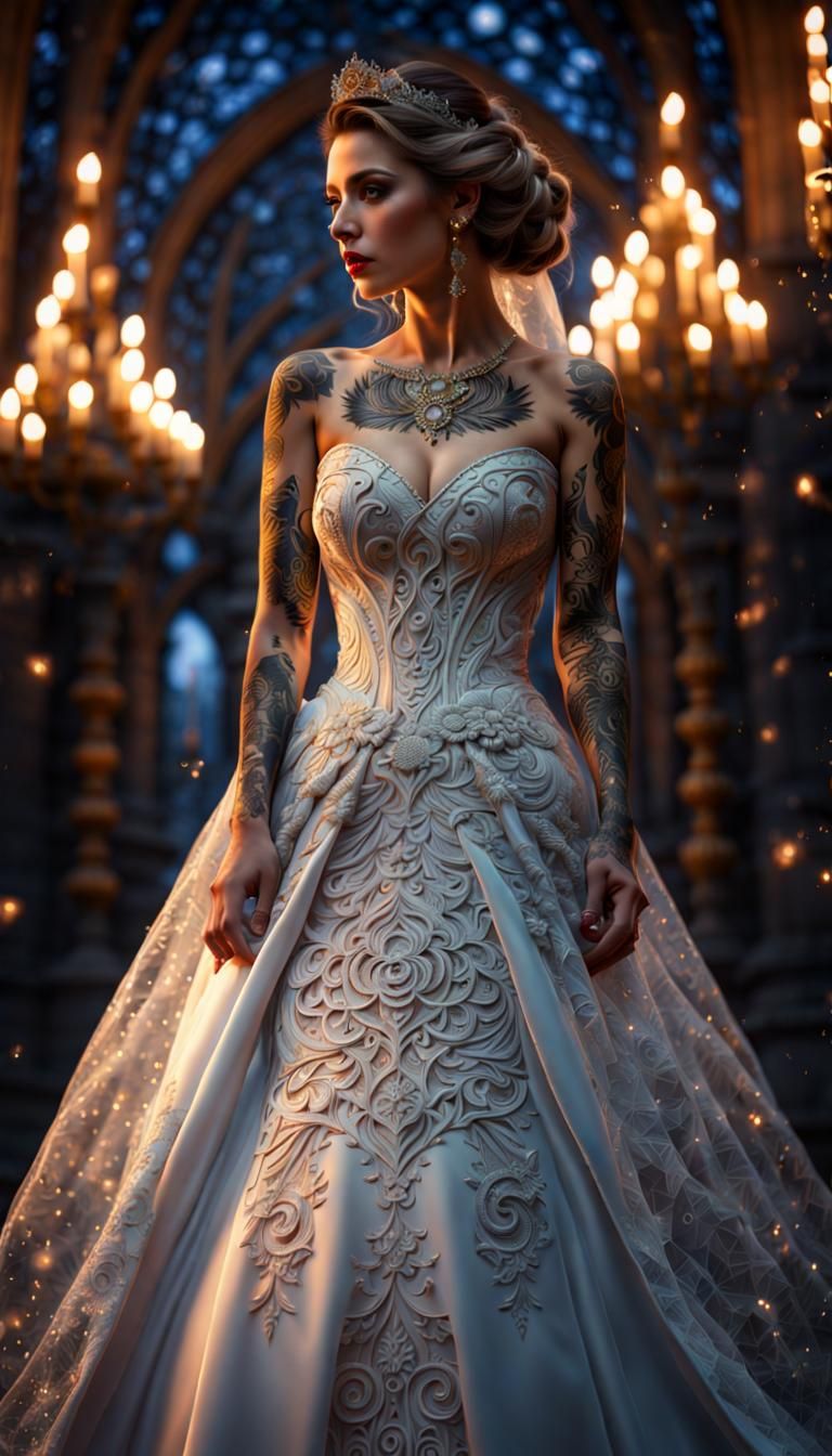 Gothic Bride with Tattoo Wedding Gown in Starry Night