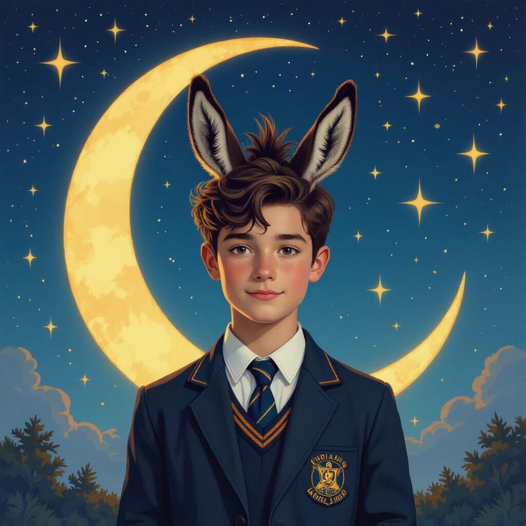 Boy with Donkey Head Under Crescent Moon