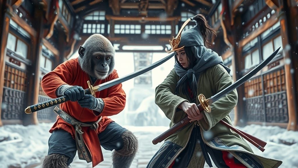 Ninja Monkey vs Samurai Woman in Snowstorm