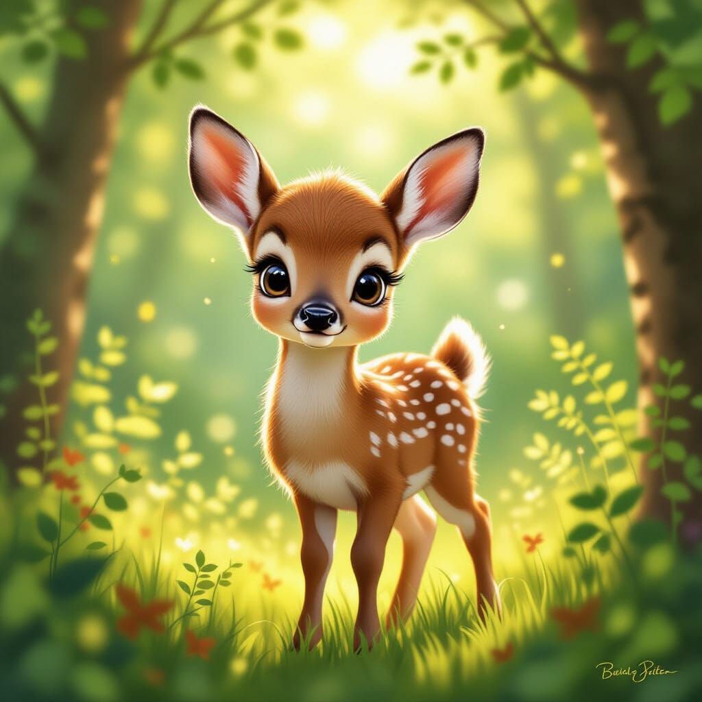 Cute Baby Deer in Sun-Dappled Forest Clearing