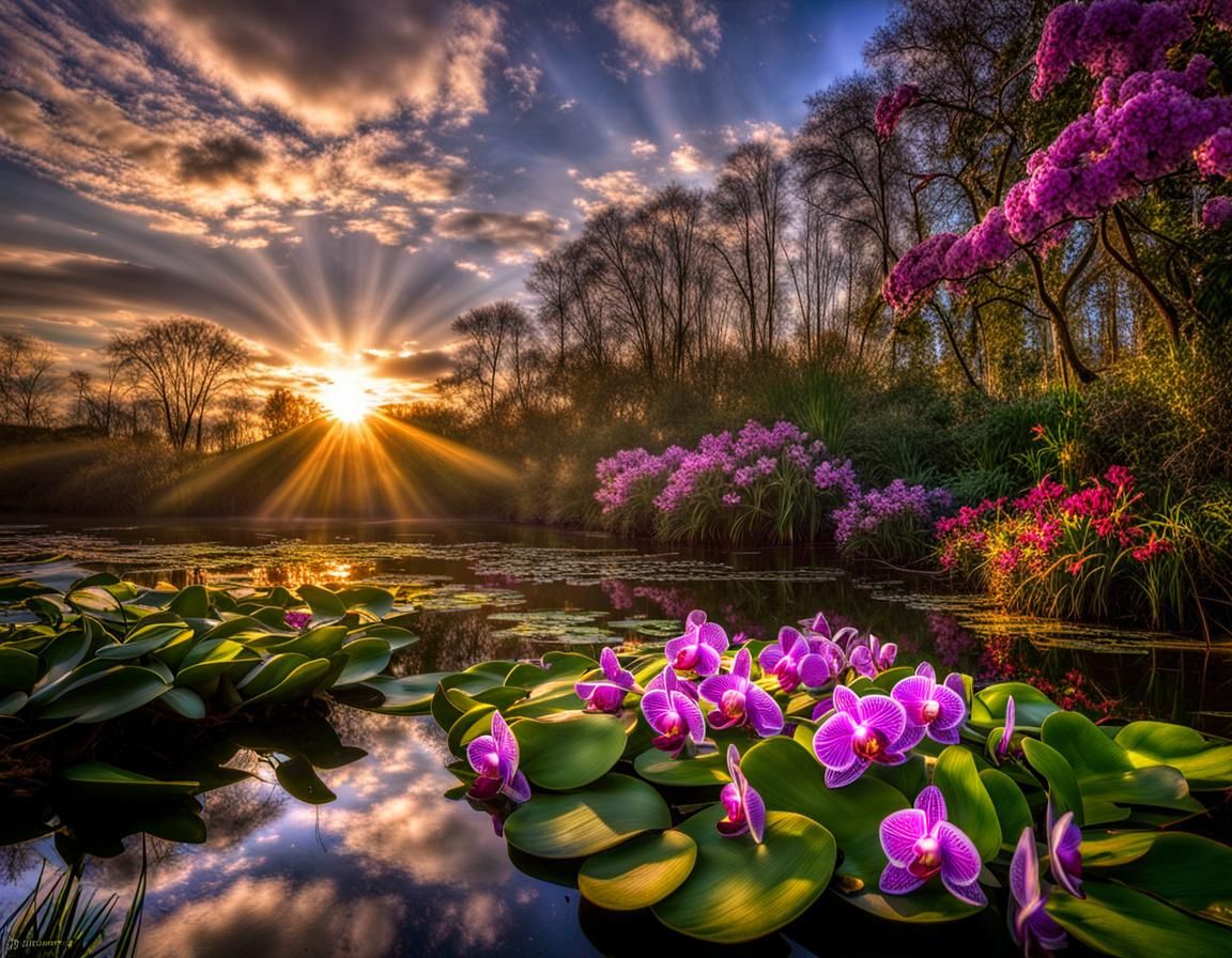 Orchid Clock on Frozen Pond in Hyperrealism