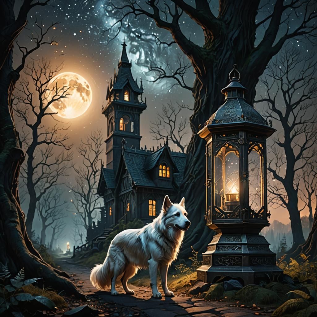 Lantern's Light: Woman and Dog in Eerie Woods