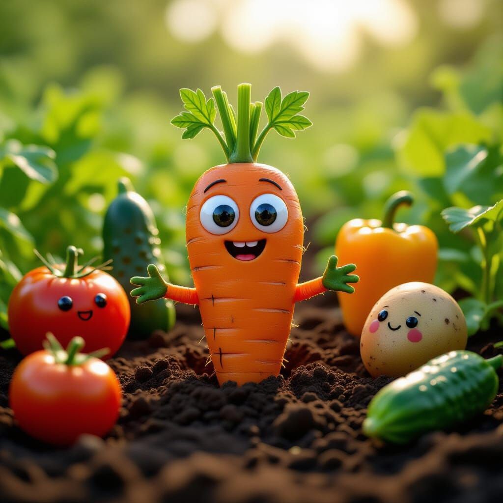 Joyful Carrot Creature in Lush Vegetable Garden