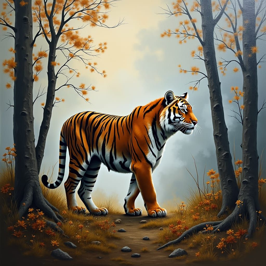 Double Exposure Tiger in Wilderness Oil Painting