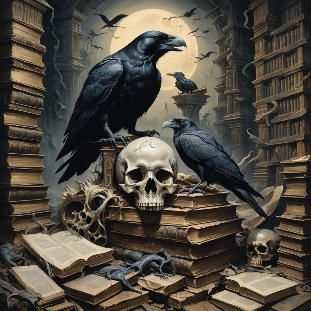 Macabre Crow on Skull: Surreal Dark Illustration