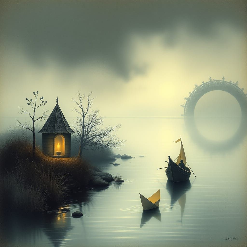 Whimsical Paper Boat Voyage on a Misty Riverbank