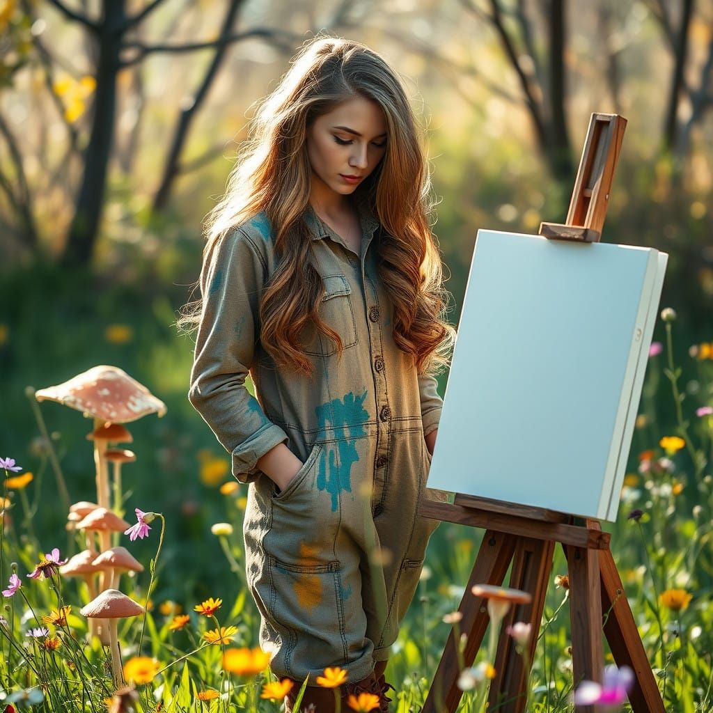 Serene Artist in a Whimsical Meadow Landscape