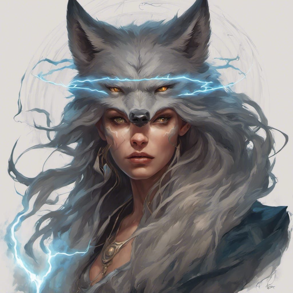 Wolf Witch Casting Lightning Spell: Detailed Portrait