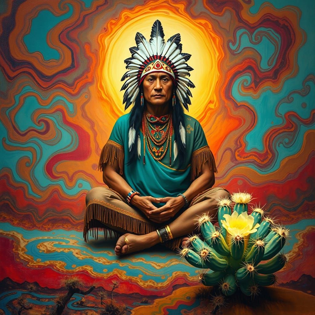 Native American Figure in Vibrant Peyote Dreamscape