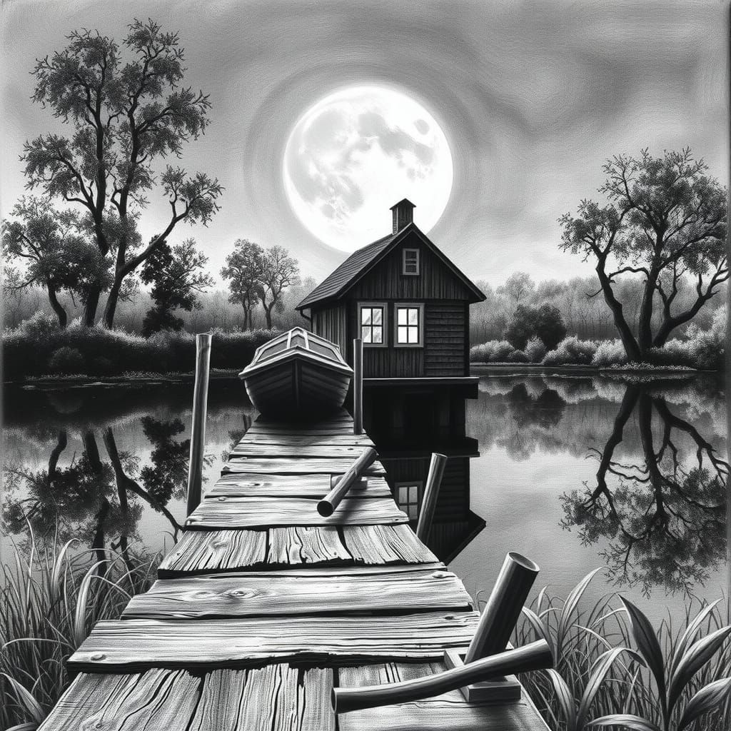 Black Charcoal drawing of a boat house on a lake