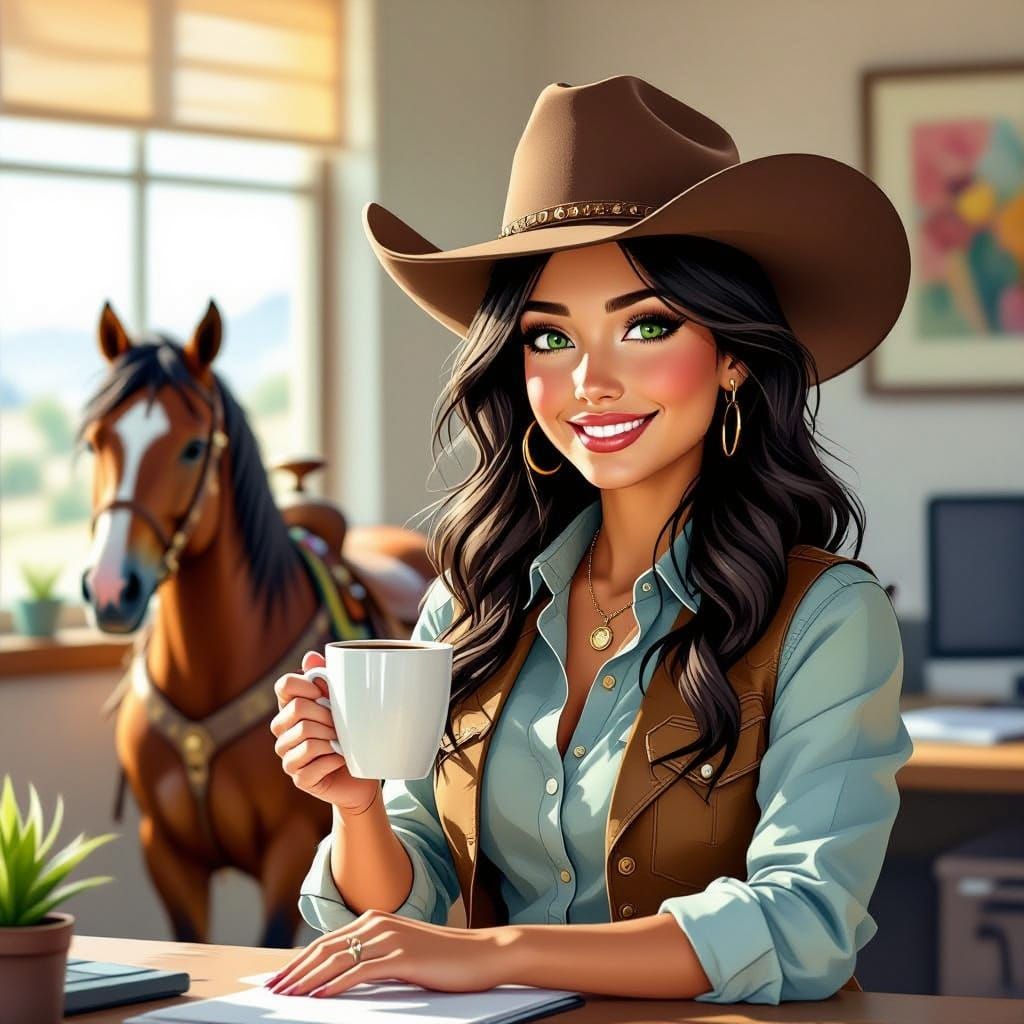 Cowgirl with Coffee and Horse in Office, Vibrant Western Sty...