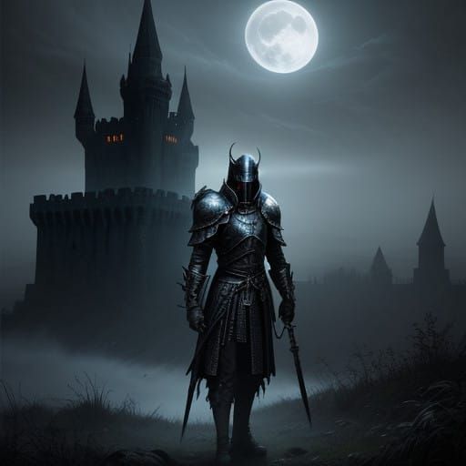 Spectral Knight Stands Vigilant Under Full Moon in Crumbling...