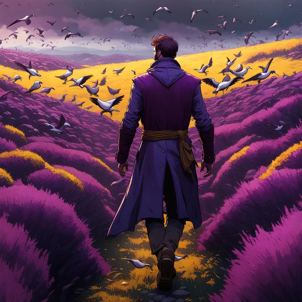 Young Man in Bird Field: Dark Fantasy Art