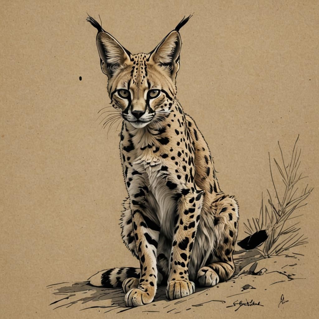 Serval Cat Sketch with Colorwash Effect