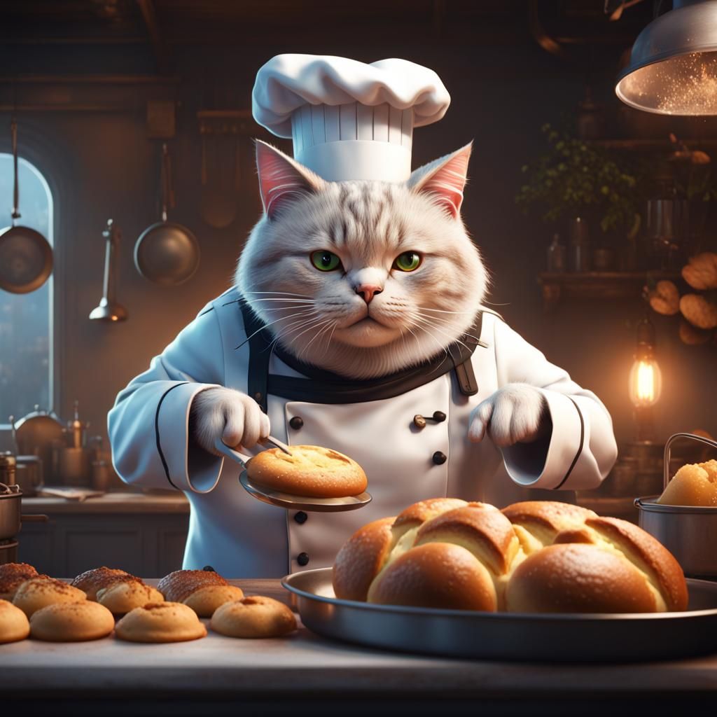 Chef Cat Baking Buns: Detailed Matte Painting