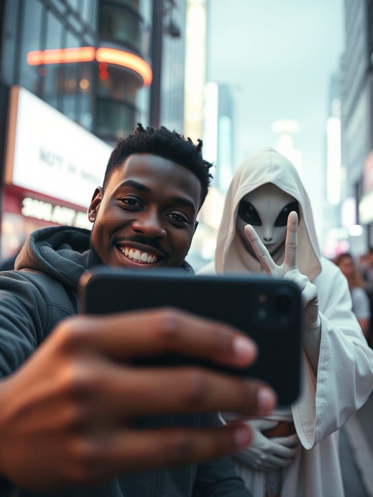 Nervous Selfie With Friendly Alien in Futuristic City