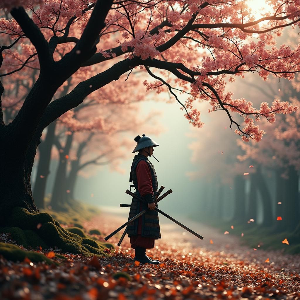 Samurai Under Cherry Blossoms: A Cinematic Japanese Scene