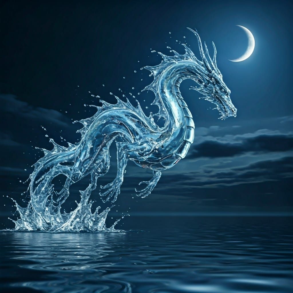 Surreal Water Dragon Soars Over Moonlit Lake in Hyperrealist...