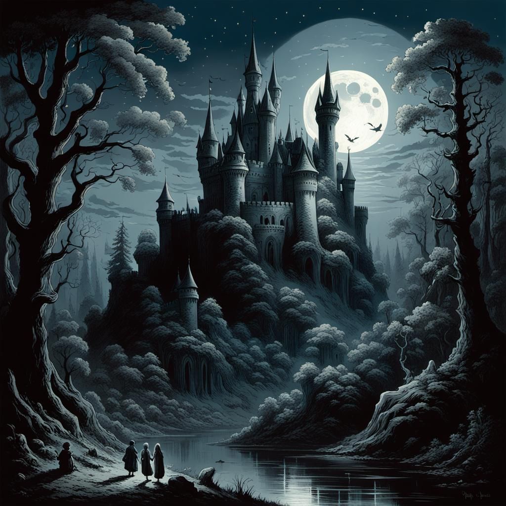 Enchanted Castle in Moonlit Forest: Gothic Horror Style