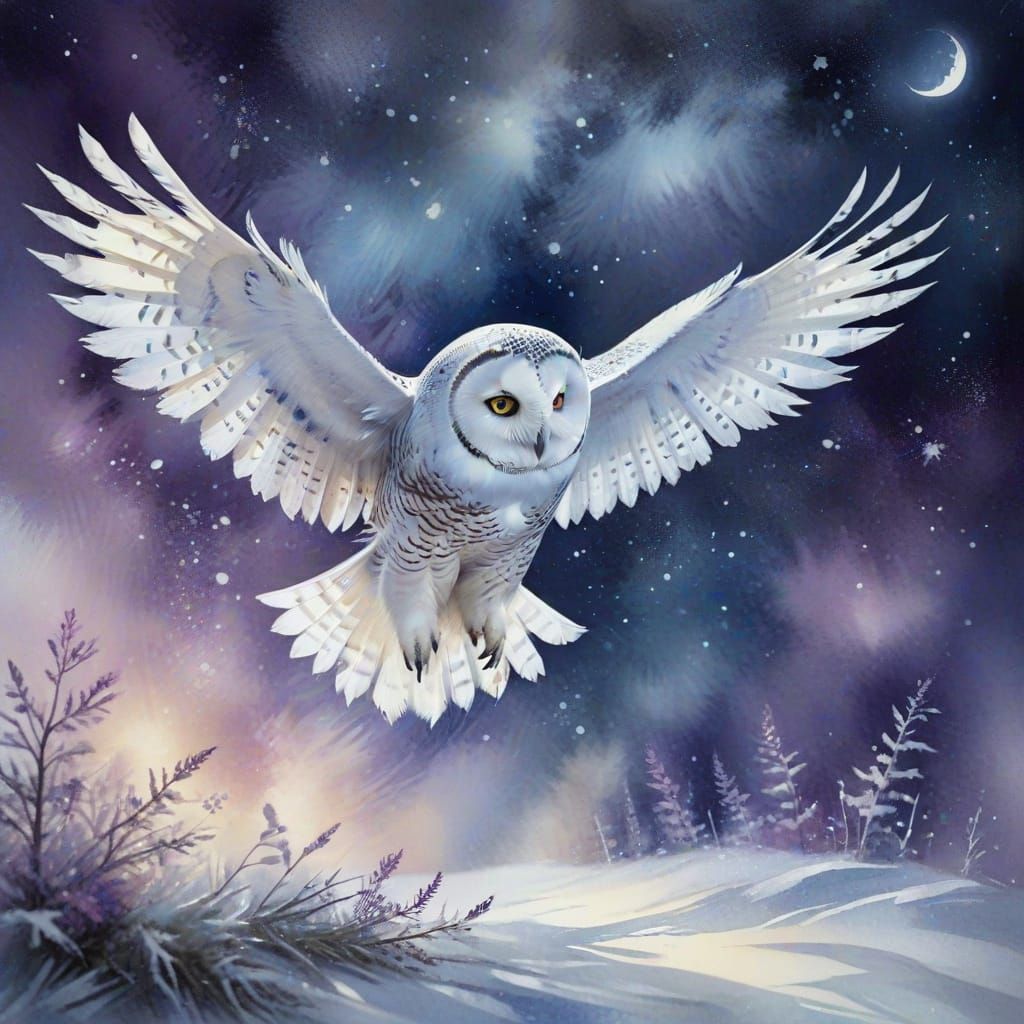 Moonlit Snow Owl Soars Across a Winter Sky in Dreamy Digital...