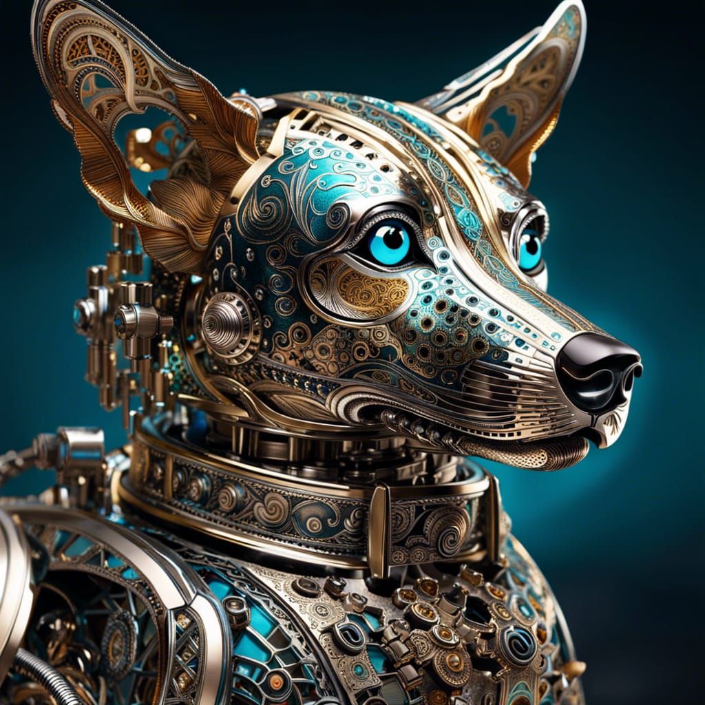 Chrome Filigree Robot Dog, Detailed Digital Art