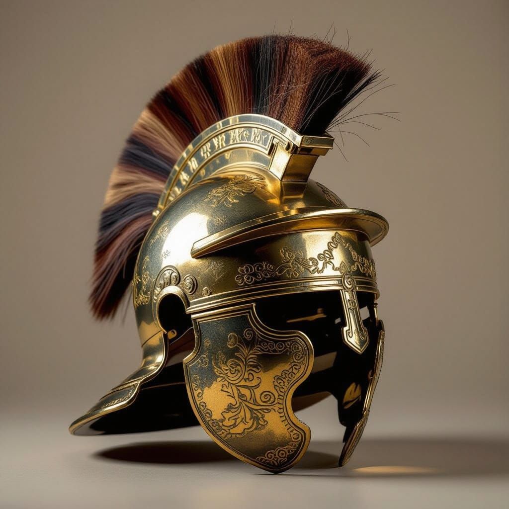 A cinematic scene, realistic photography, film still of a Roman battle helmet (galea)
