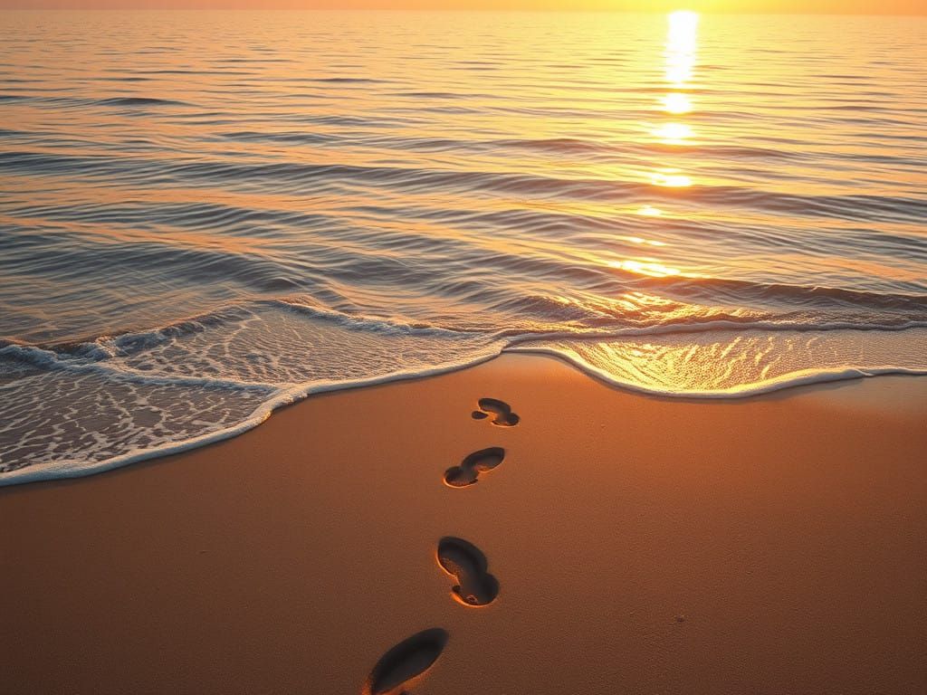 Serene Beach at Dawn with Gentle Waves and Warm Sunlight