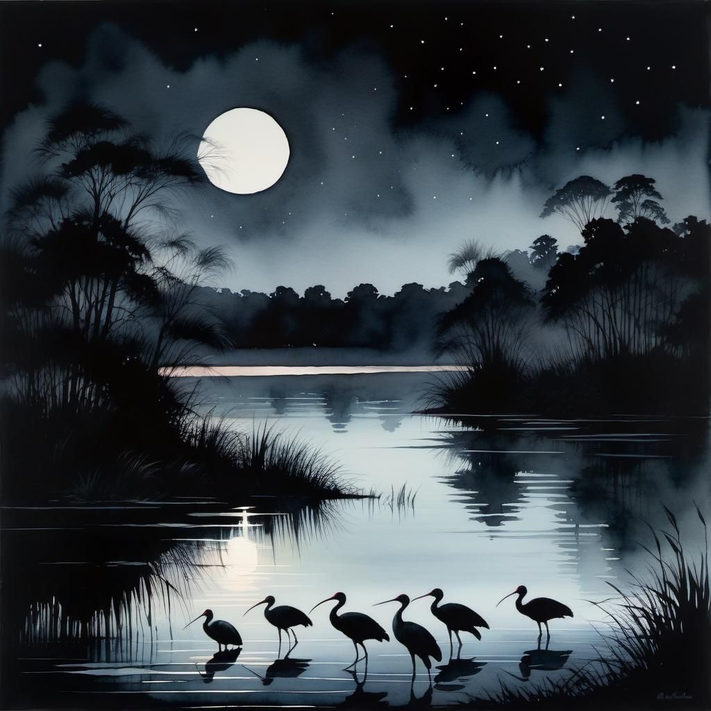 Watercolor of a lake with birds at night